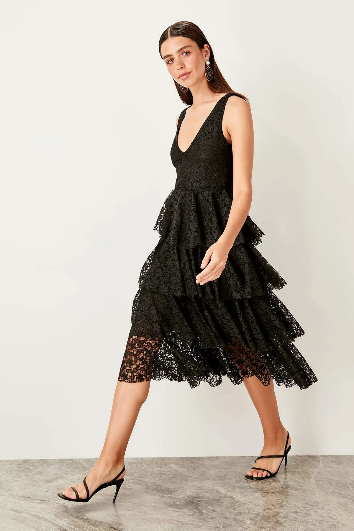 10897 Black Tiered Midi Lace Dress