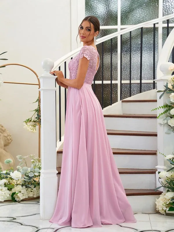 A-Line/Princess Chiffon Lace Scoop Short Sleeves Floor-Length Bridesmaid Dresses