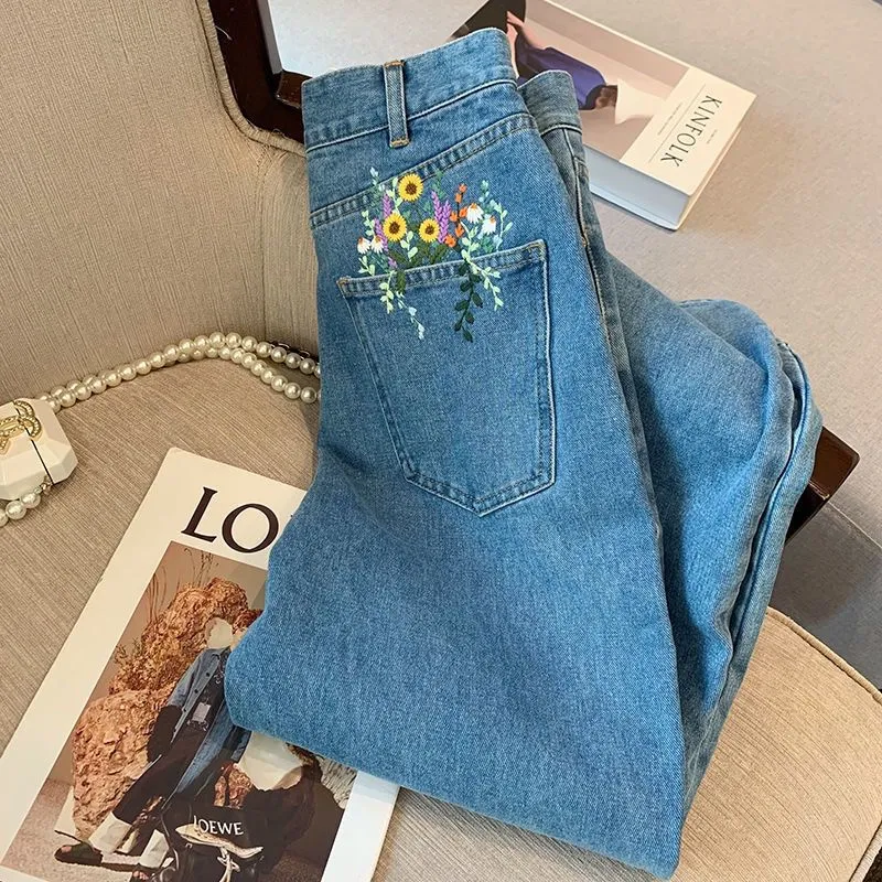 Aesthetic Floral Embroidered Flowers Pocket Jeans Casual Pants