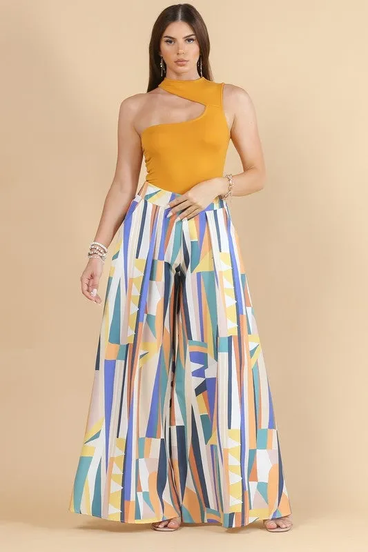 ASYMMETRIC COLORFUL PRINT ZIPPER WIDE PALAZZO PANTS