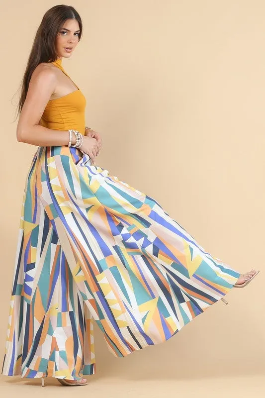 ASYMMETRIC COLORFUL PRINT ZIPPER WIDE PALAZZO PANTS