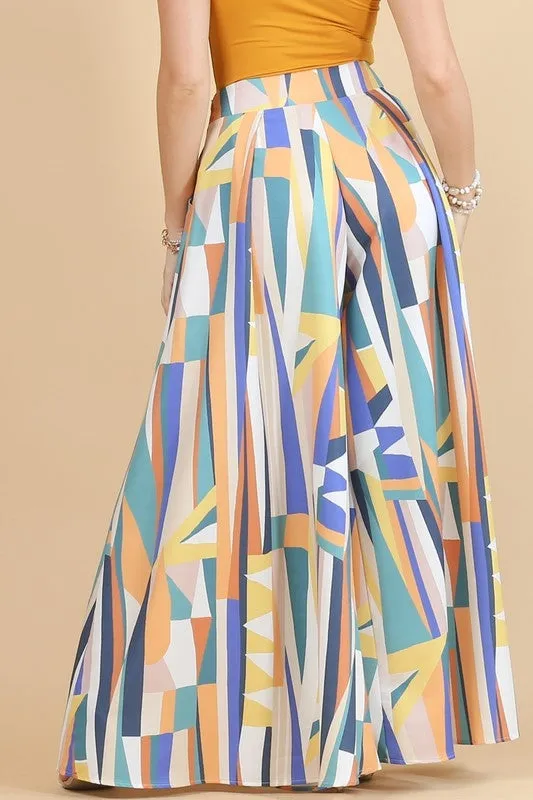 ASYMMETRIC COLORFUL PRINT ZIPPER WIDE PALAZZO PANTS