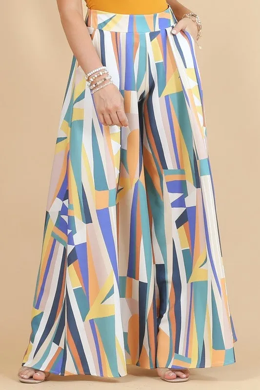 ASYMMETRIC COLORFUL PRINT ZIPPER WIDE PALAZZO PANTS