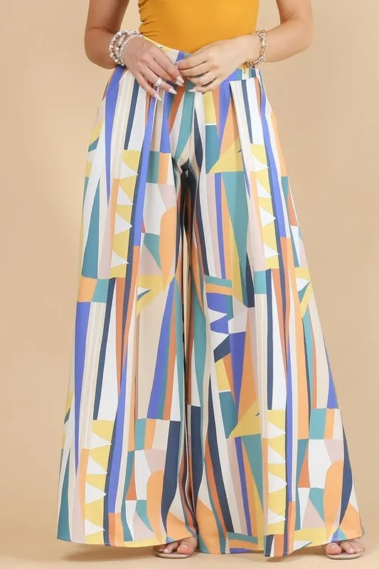 ASYMMETRIC COLORFUL PRINT ZIPPER WIDE PALAZZO PANTS