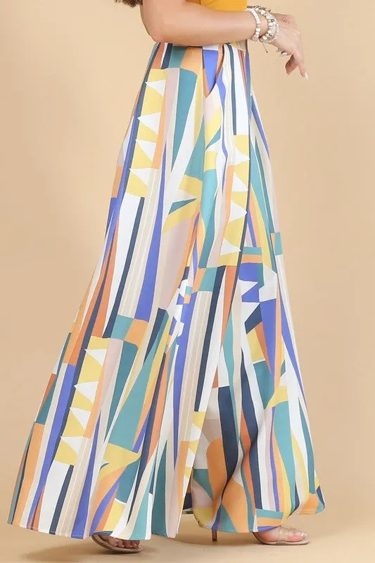 ASYMMETRIC COLORFUL PRINT ZIPPER WIDE PALAZZO PANTS