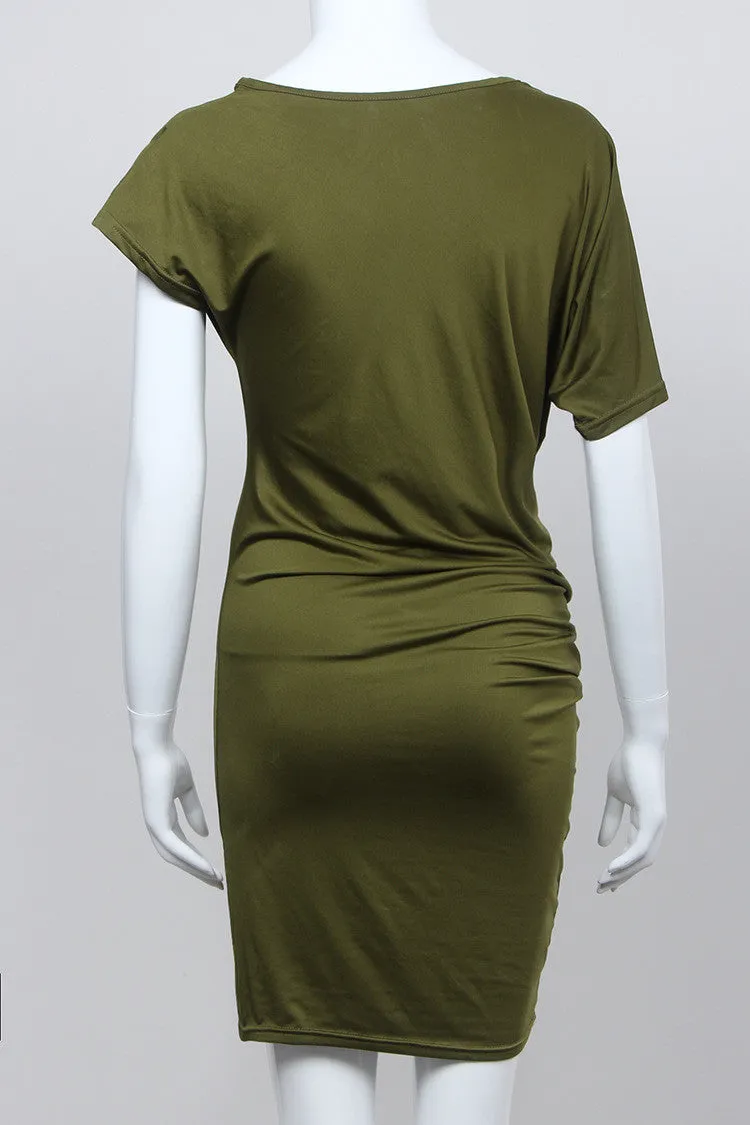 Asymmetric Short Sleeve Pure Color Sexy Bodycon Short Dress