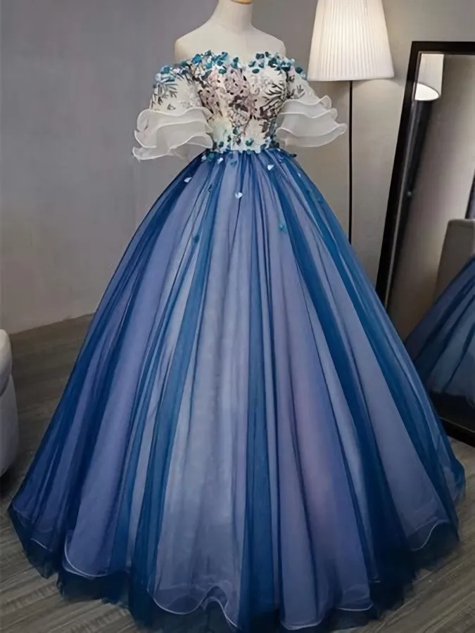 Ball Gown sweet 16 Party Long Prom Dress,Evening Dress,Charming Prom Dresses,Hand-Made Flower Prom Dress