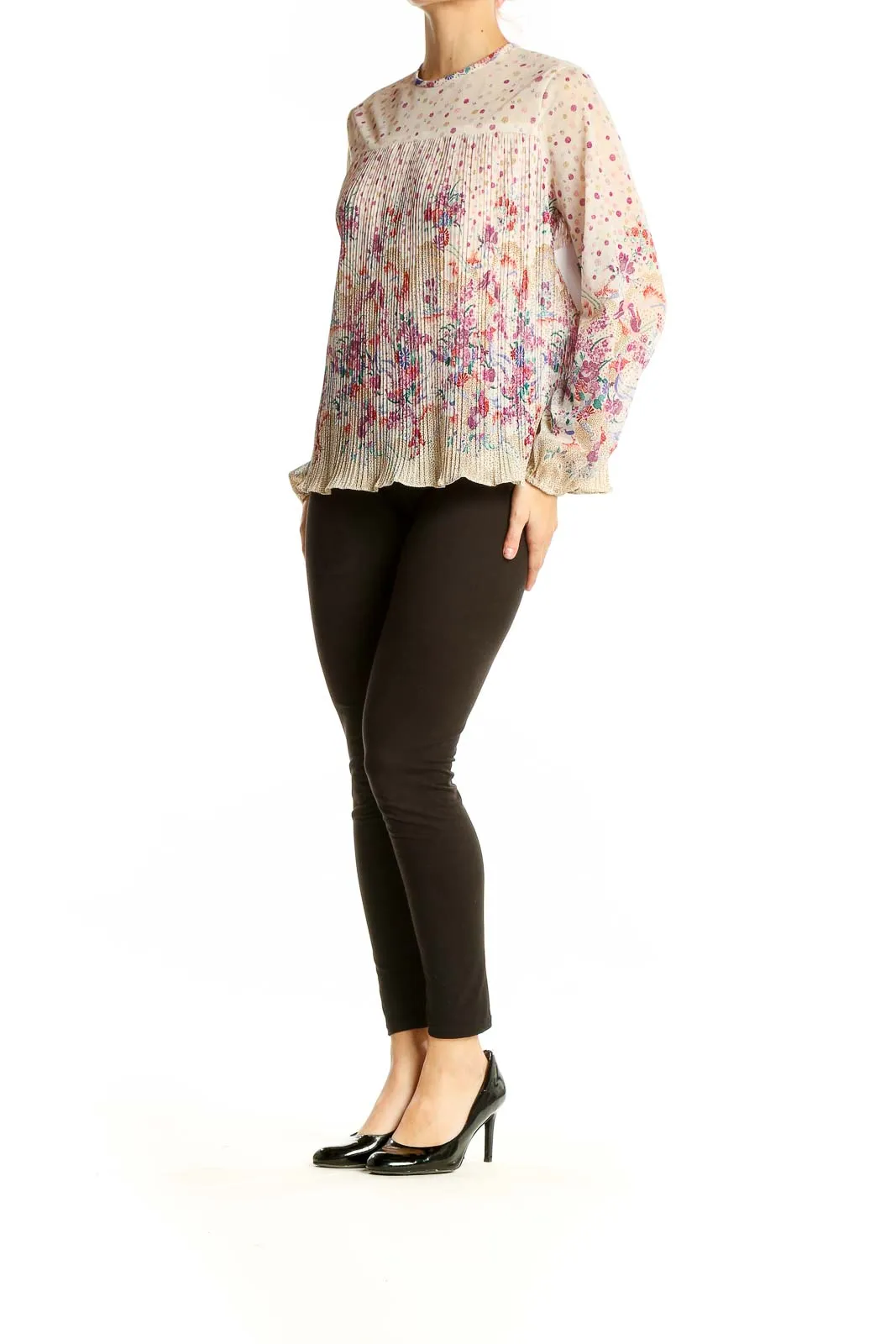 Beige Floral Pleated Long Sleeve Blouse