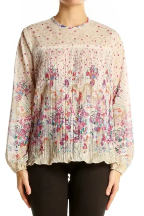 Beige Floral Pleated Long Sleeve Blouse