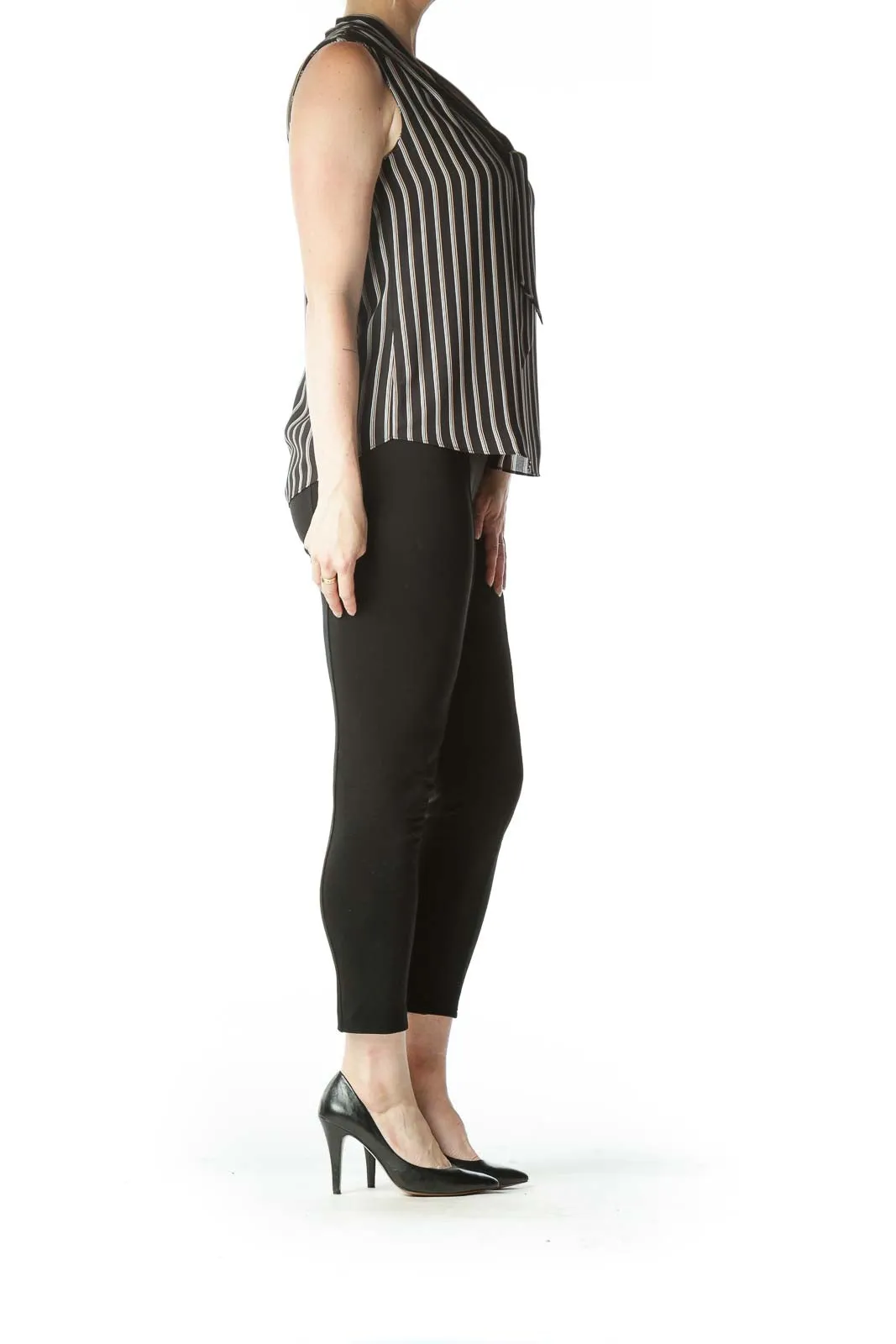 Black and White Striped Neck-Tie Sleeveless Blouse