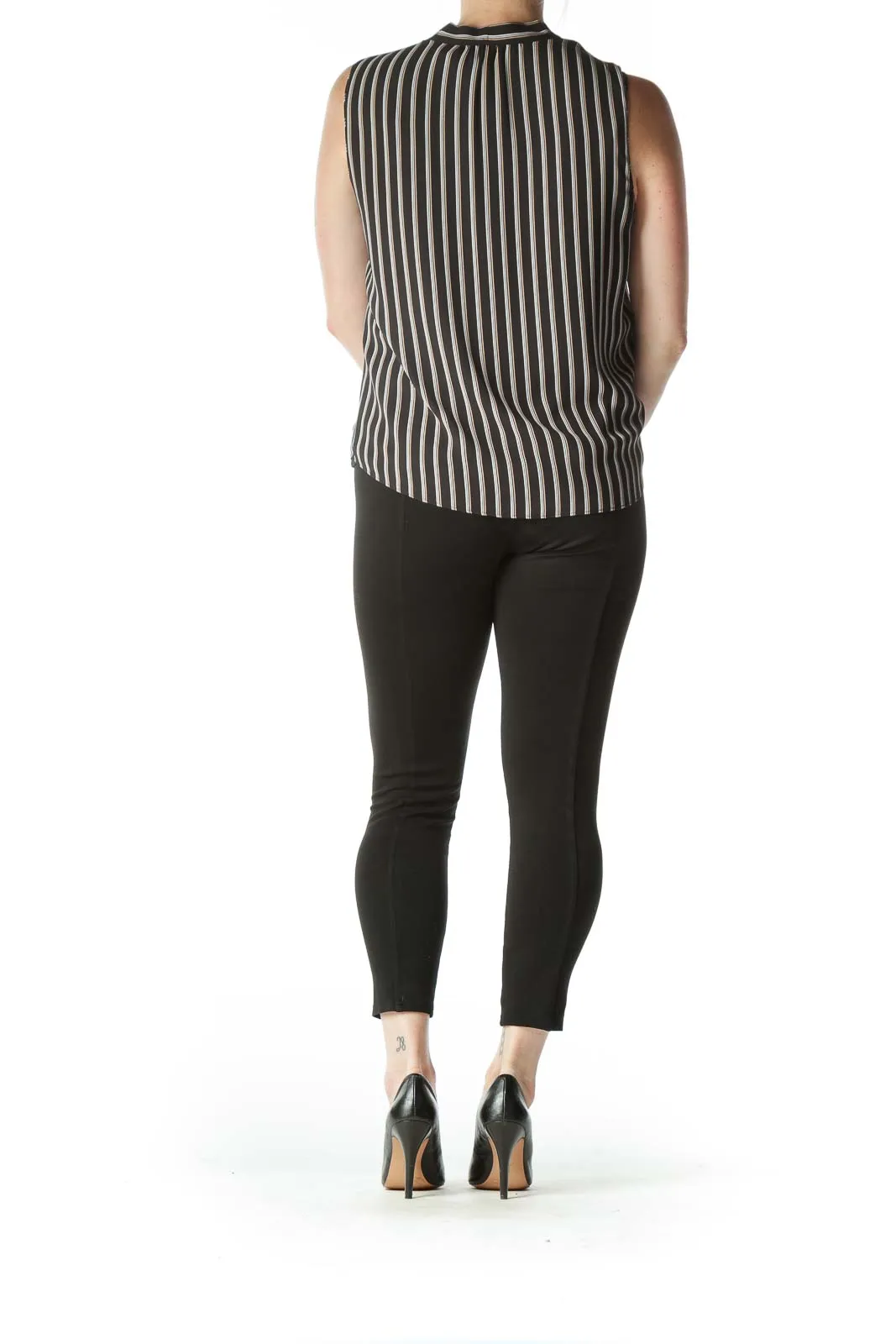 Black and White Striped Neck-Tie Sleeveless Blouse