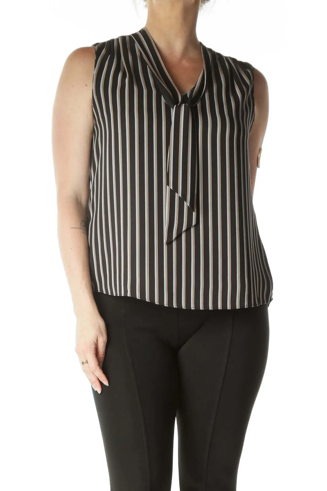 Black and White Striped Neck-Tie Sleeveless Blouse