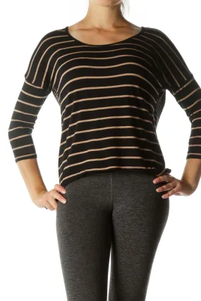 Black Beige Striped Soft Round Neck Long Sleeve Top