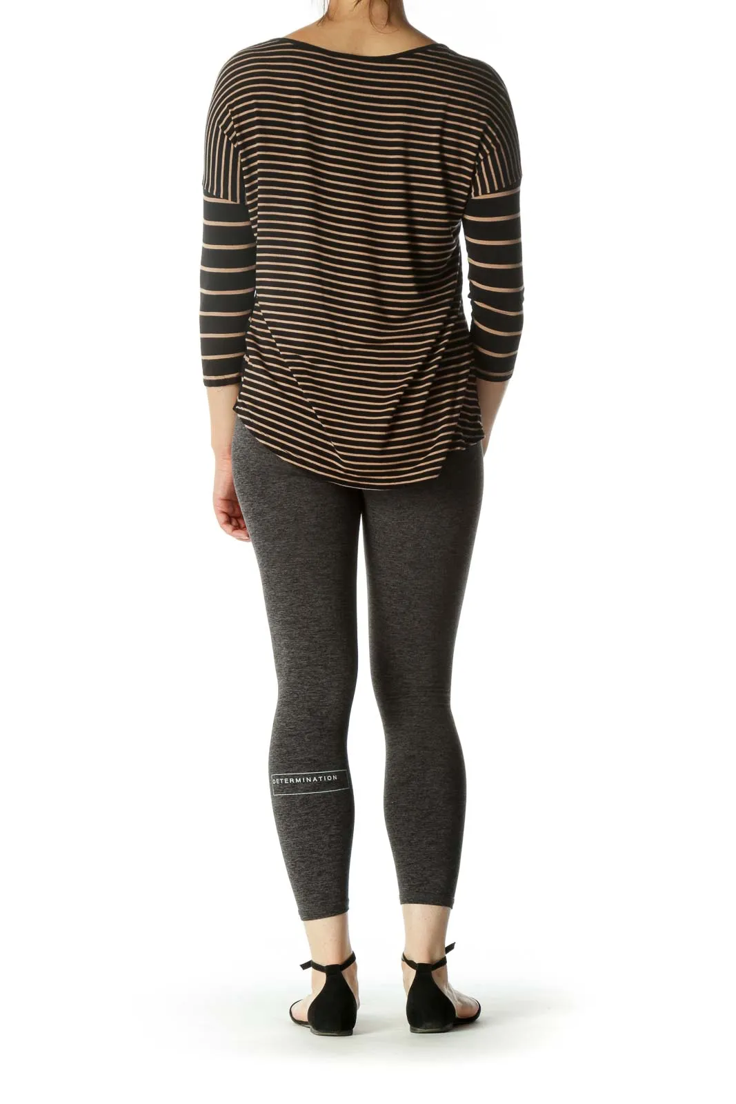 Black Beige Striped Soft Round Neck Long Sleeve Top