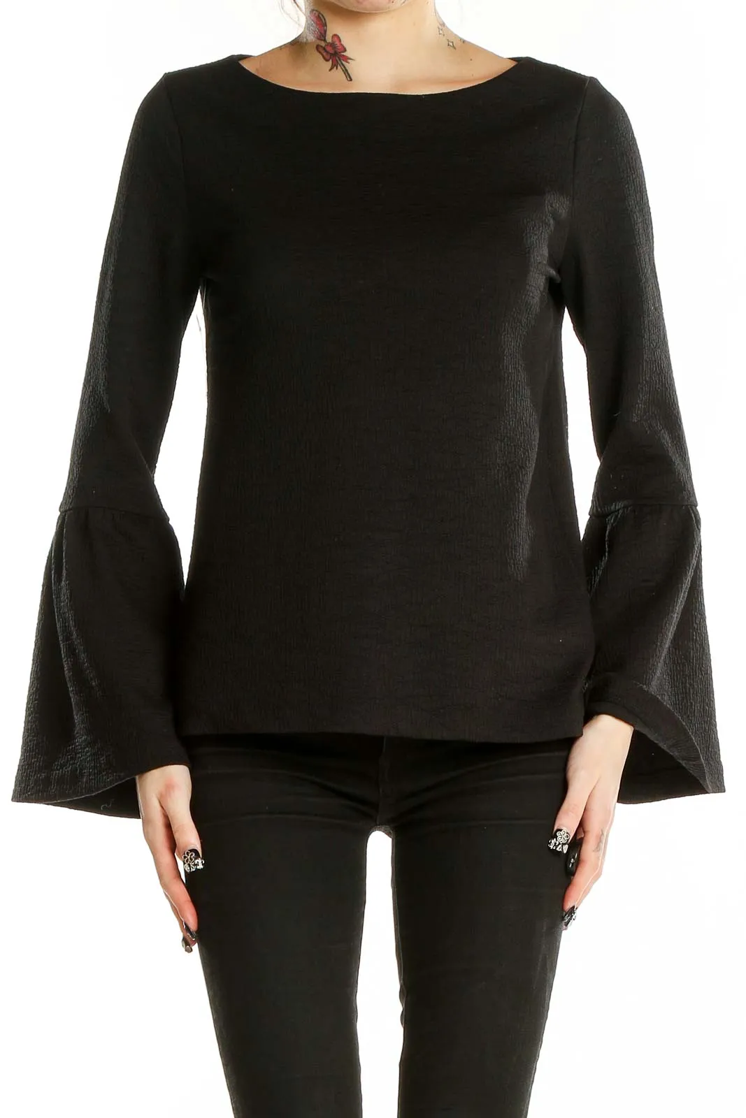 Black Bell Sleeve Textured Top