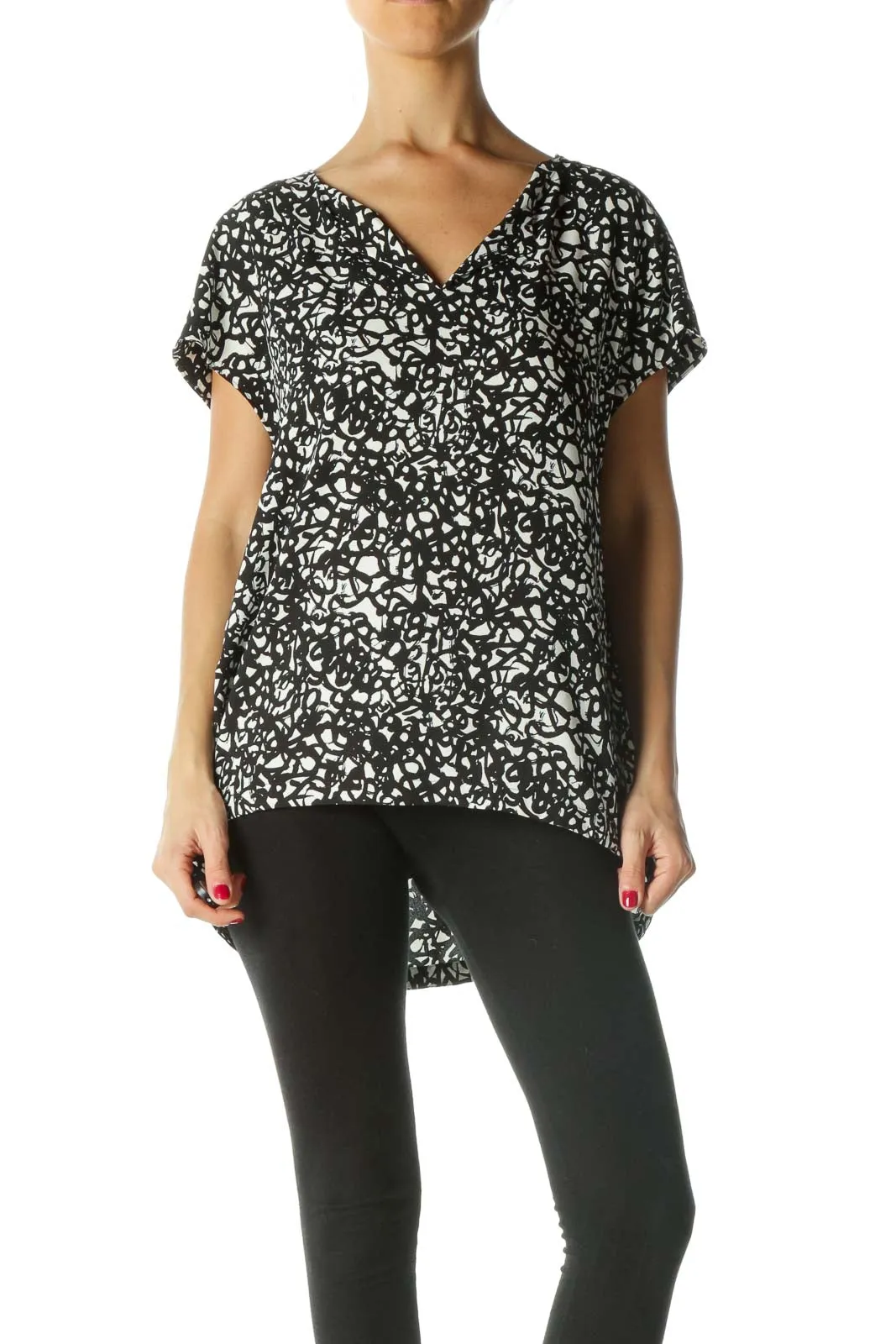 Black Cream V-Neck Print Blouse