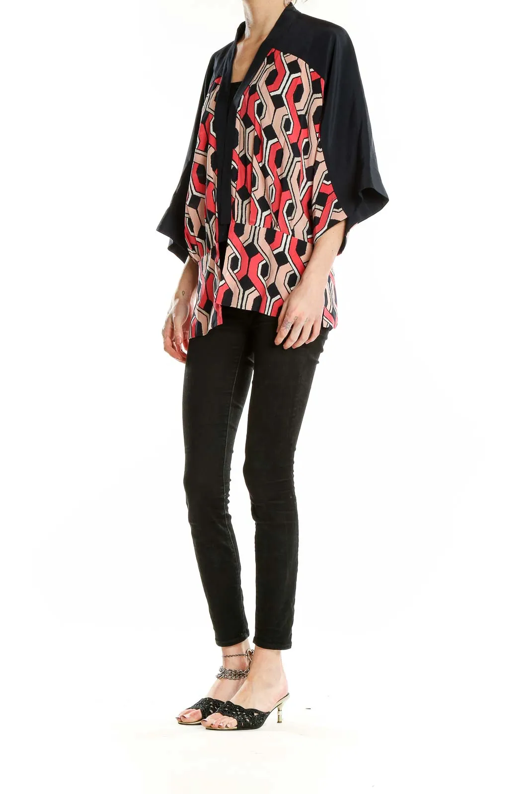 Black Geometric Print Silk Kimono Top