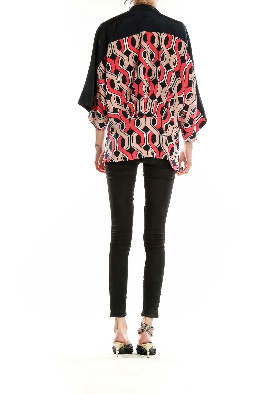 Black Geometric Print Silk Kimono Top