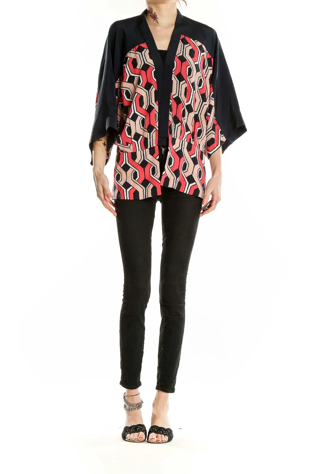 Black Geometric Print Silk Kimono Top