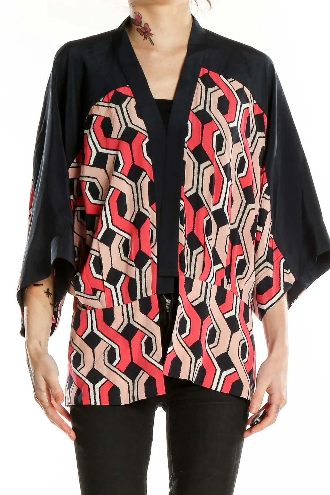 Black Geometric Print Silk Kimono Top