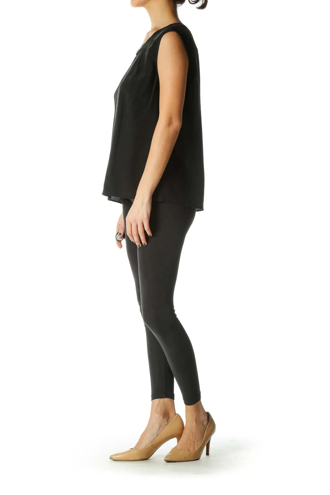 Black Solid Crewneck Casual Blouse