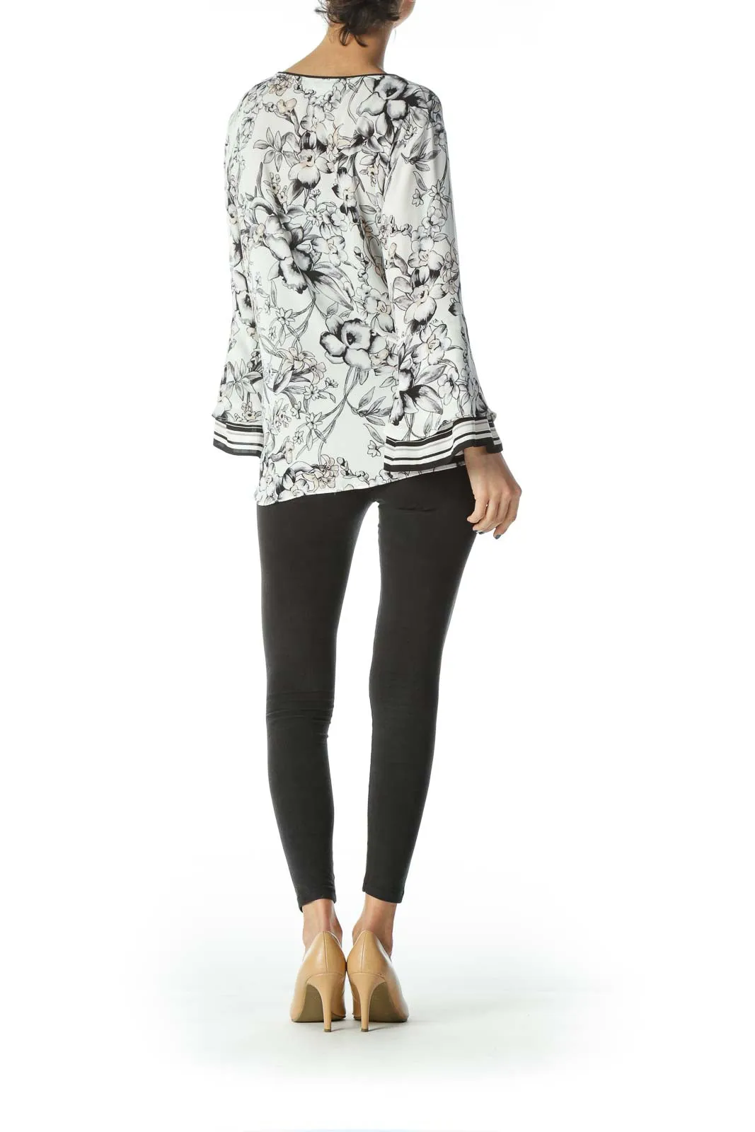 Black White Beige Floral Print Shift Blouse