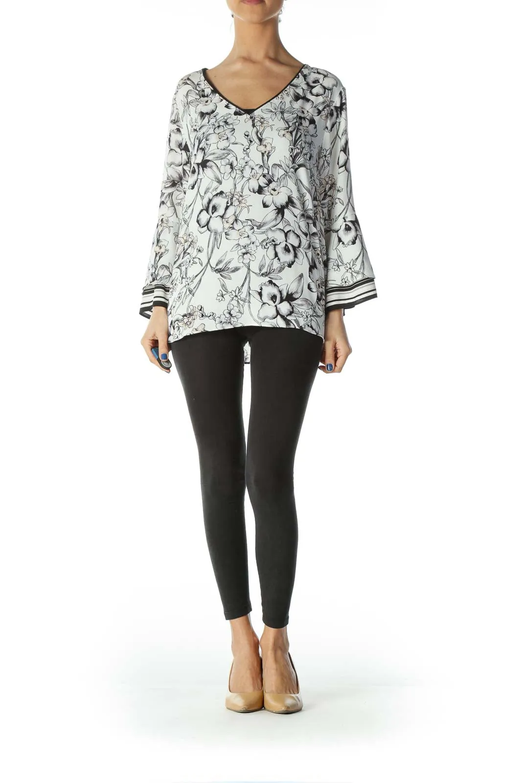 Black White Beige Floral Print Shift Blouse