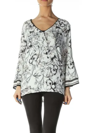 Black White Beige Floral Print Shift Blouse