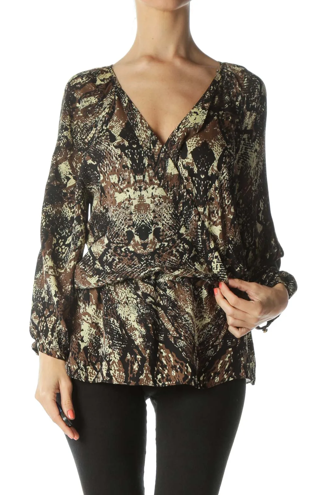 Black/Beige/Green V-Neck Cargo-Print 100% Silk Blouse