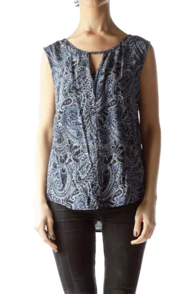 Blue Black White Print Paisleys Shift Blouse