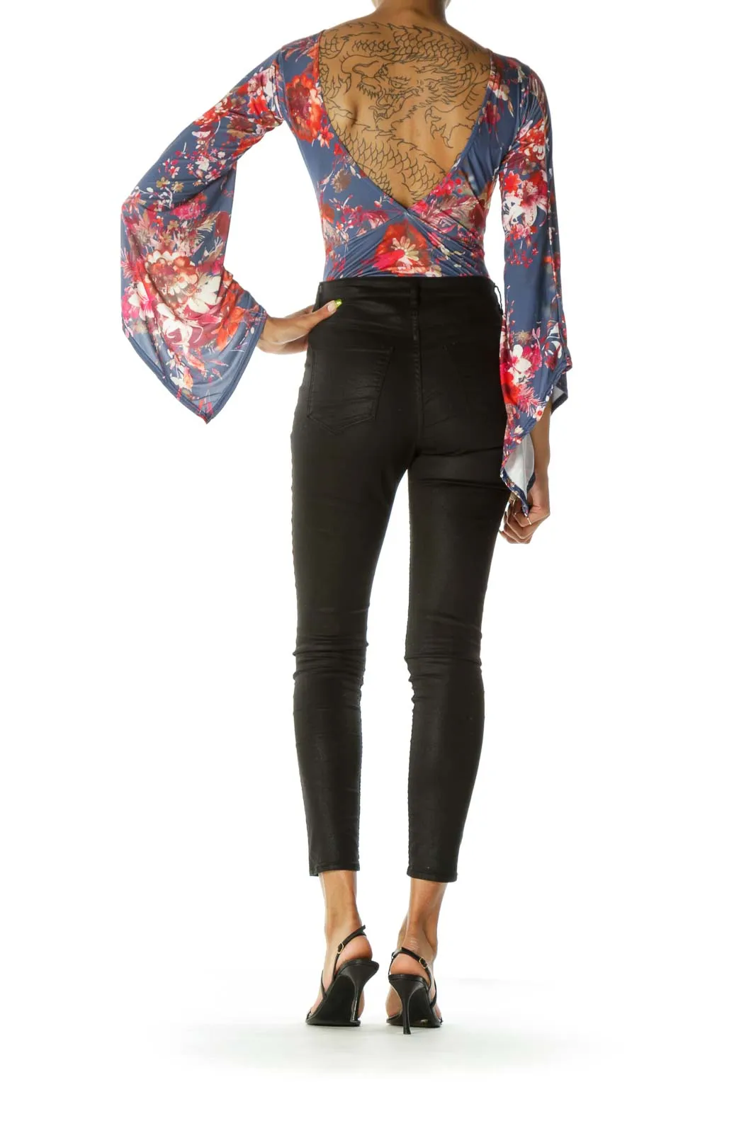 Blue Red & Gold Floral-Print Open-Back Bell-Sleeve Bodysuit