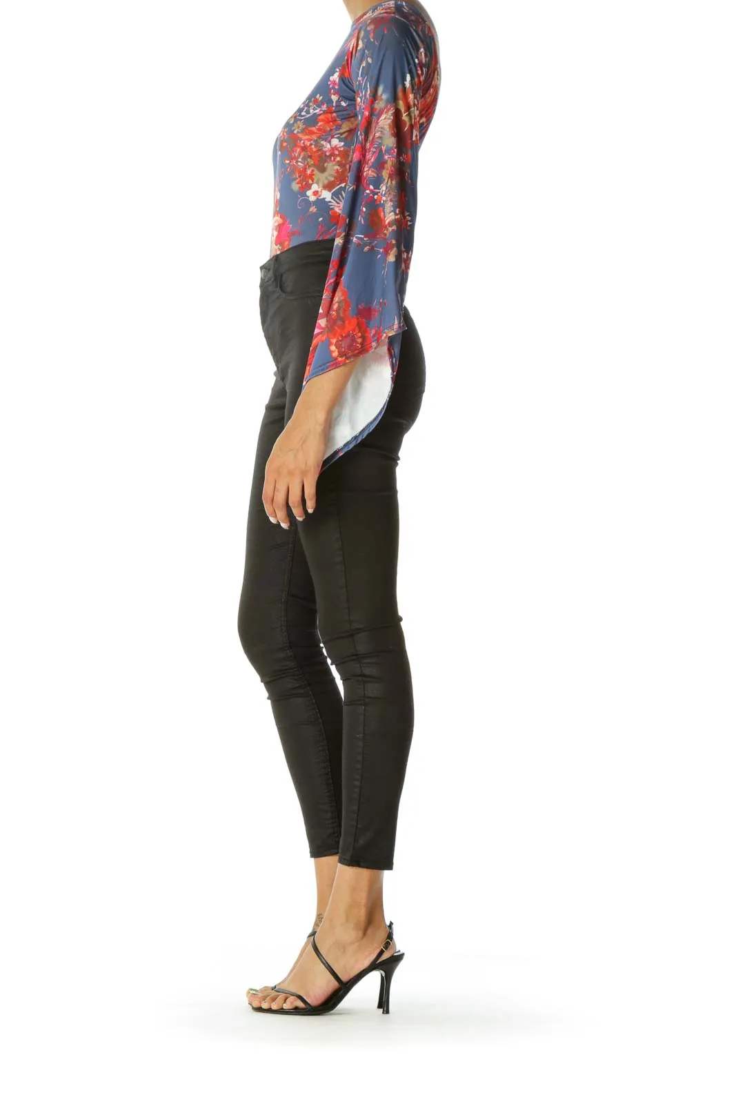 Blue Red & Gold Floral-Print Open-Back Bell-Sleeve Bodysuit