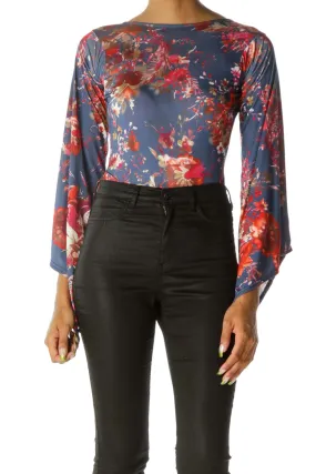 Blue Red & Gold Floral-Print Open-Back Bell-Sleeve Bodysuit