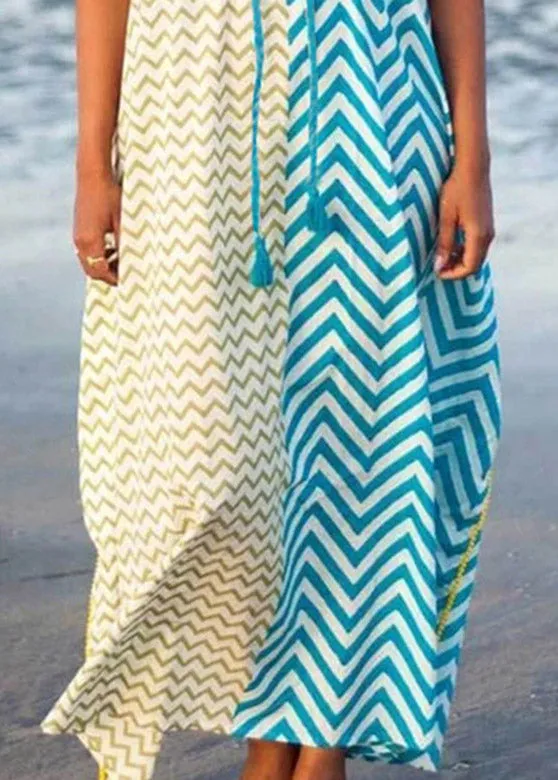 Bohemian Blue Yellow Striped Patchwork Drawstring Tie Waist Maxi Dresses Summer LY3048