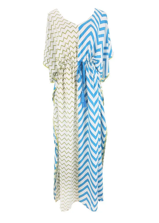 Bohemian Blue Yellow Striped Patchwork Drawstring Tie Waist Maxi Dresses Summer LY3048