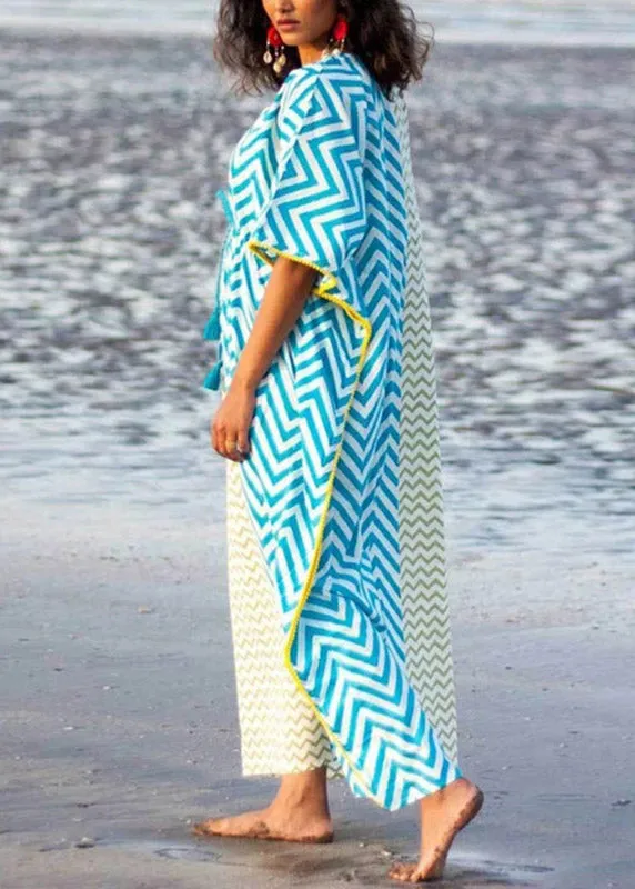 Bohemian Blue Yellow Striped Patchwork Drawstring Tie Waist Maxi Dresses Summer LY3048