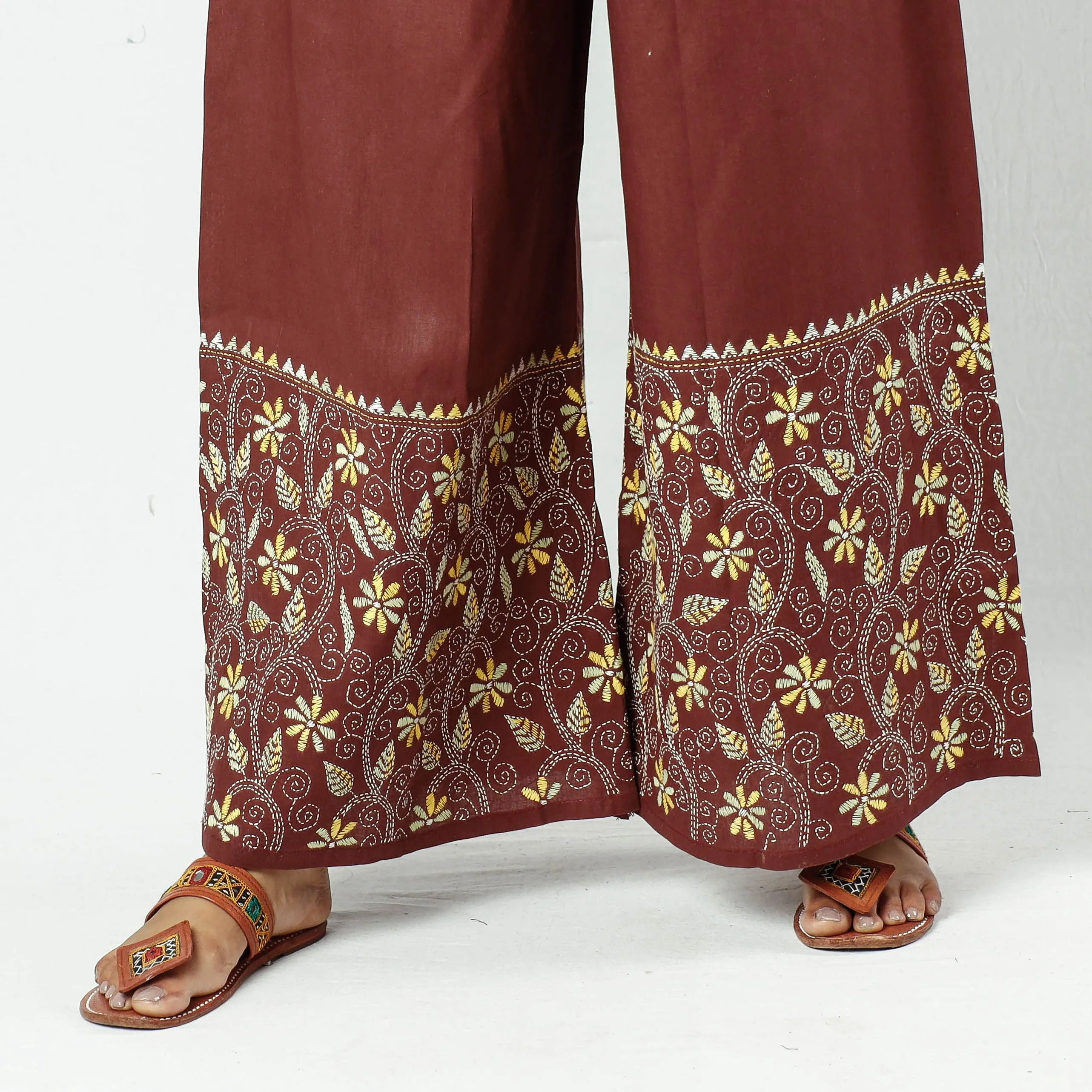 Brown - Bengal Kantha Embroidery Cotton Palazzo