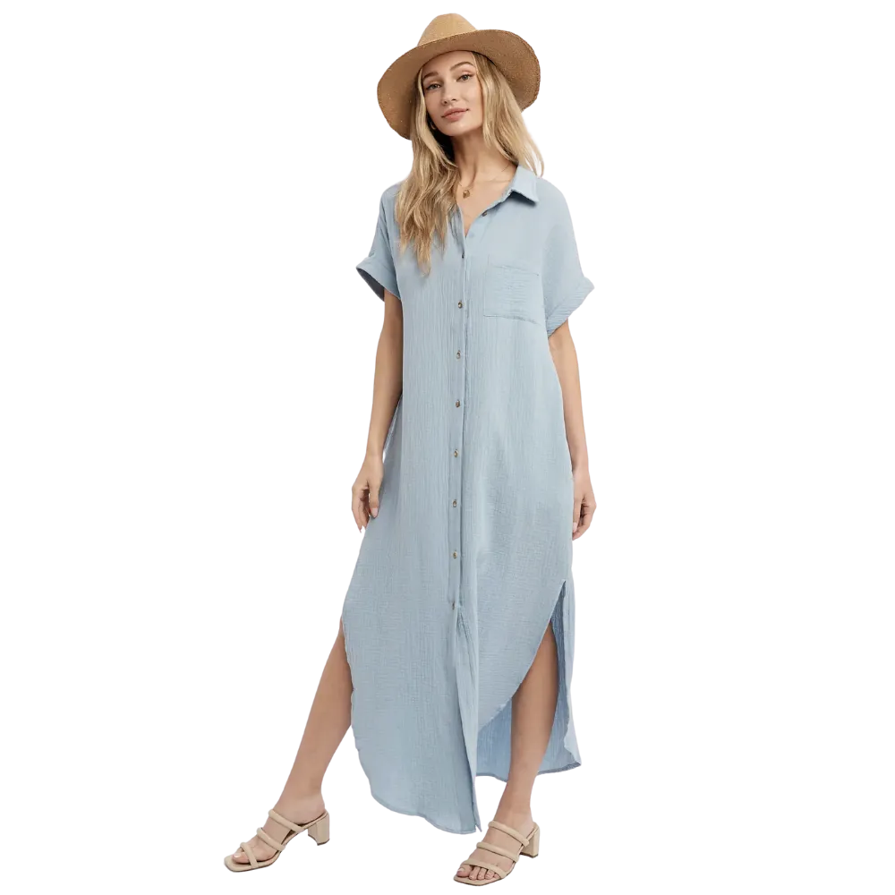 Button Up Maxi Shirt Dress - Chambray