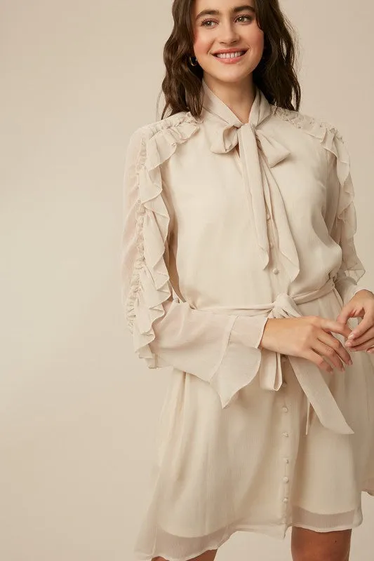 Champagne Tie Neck Ruffle Button down Chiffon Dress