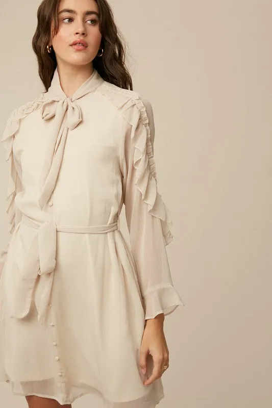 Champagne Tie Neck Ruffle Button down Chiffon Dress