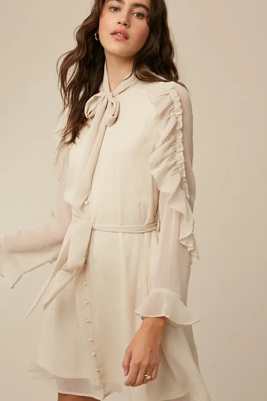 Champagne Tie Neck Ruffle Button down Chiffon Dress