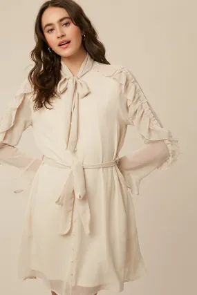 Champagne Tie Neck Ruffle Button down Chiffon Dress