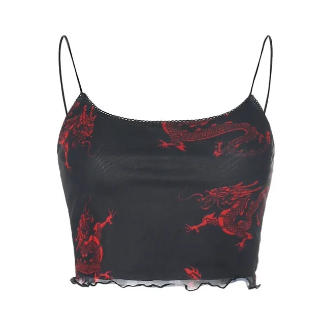 Chinese Style Dragon Print Sexy Spaghetti Strap Mesh Sleeveless