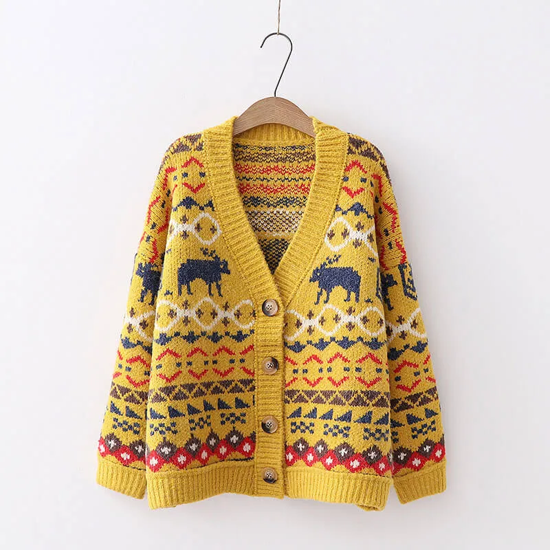 Christmas Reindeer Button Cardigan Sweater