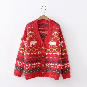 Christmas Reindeer Button Cardigan Sweater