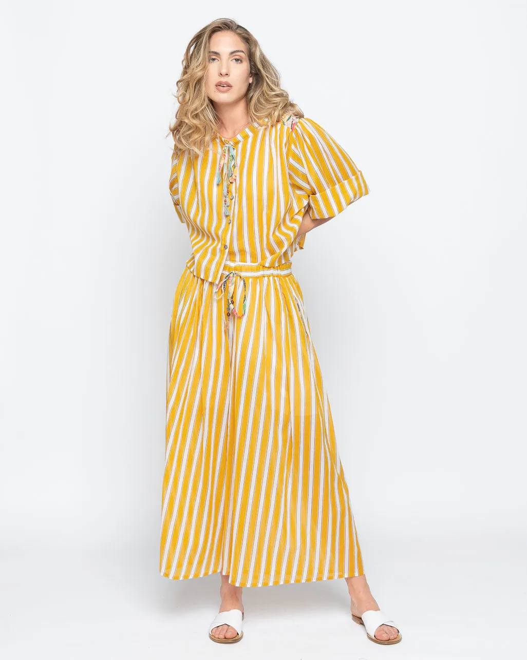 Club-Striped Tie-Waist Palazzo Pant