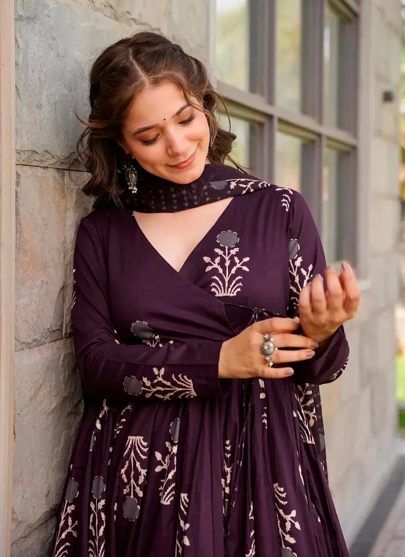 Dark purple Flared Digital Printed Anarkali Palazzo Suit