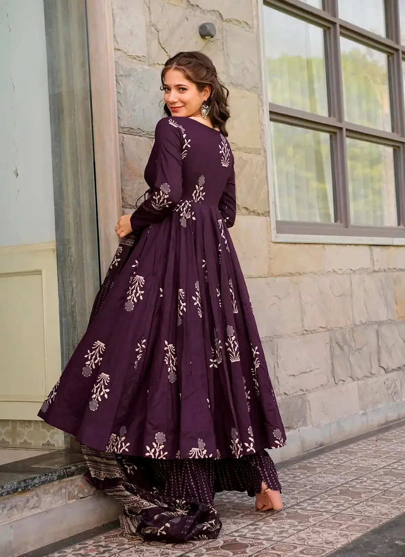 Dark purple Flared Digital Printed Anarkali Palazzo Suit