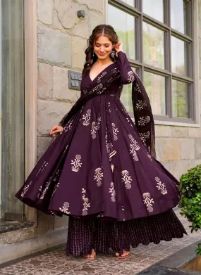 Dark purple Flared Digital Printed Anarkali Palazzo Suit