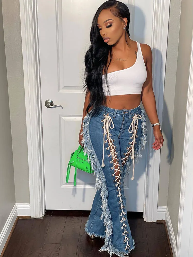 Denim Tassel Criss Cross Wide Leg Pants